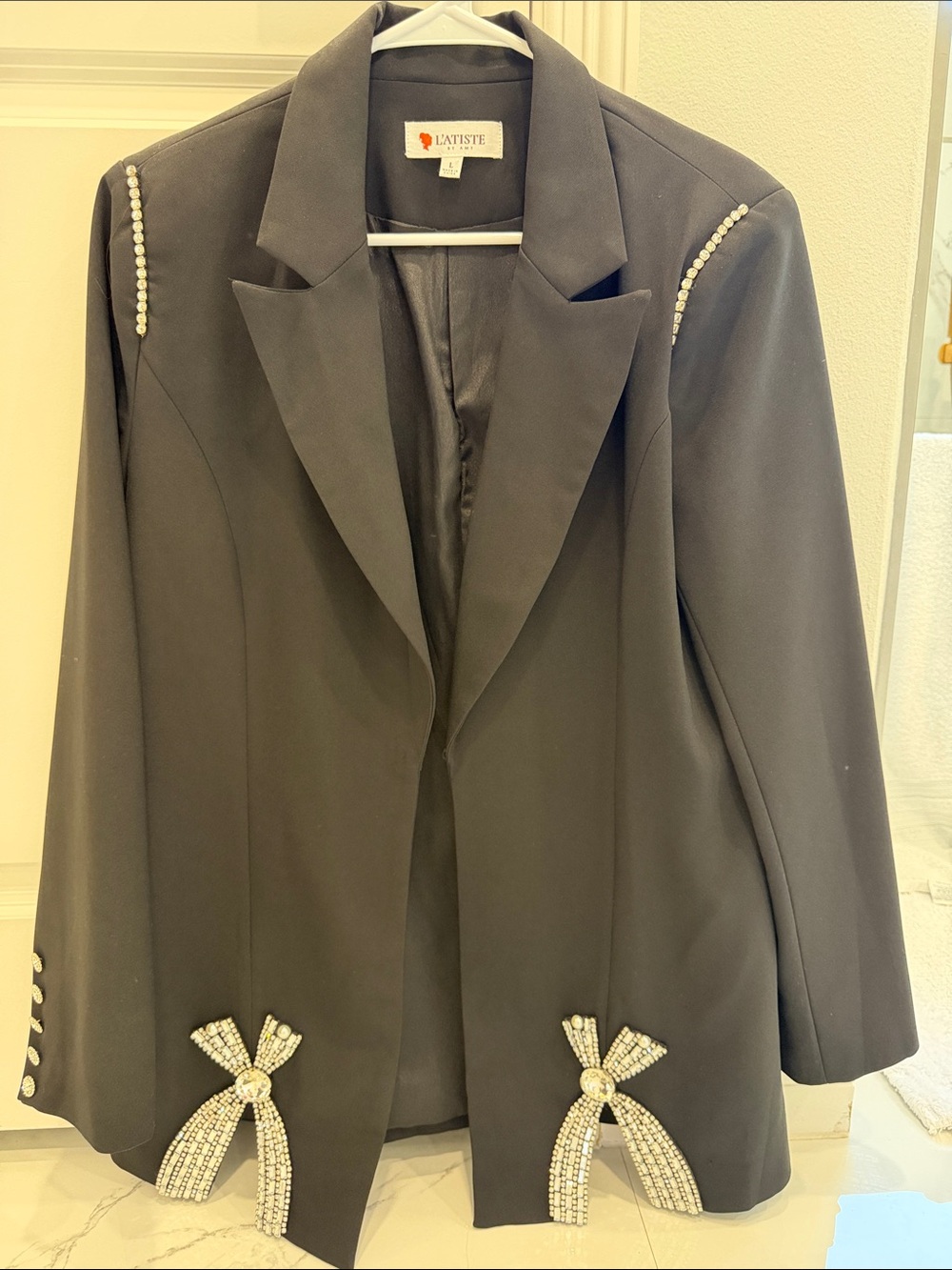 L'ATISTE Black Blazer with Crystal Bow Accents